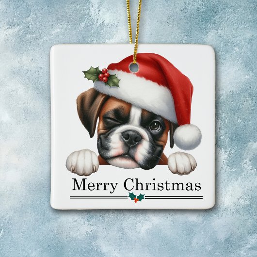 Santa Hat Winking Boxer Dog Puppy Christmas セラミックオーナメント