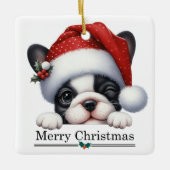 Santa Hat Winking French Bulldog Puppy Christmas セラミックオーナメント (正面)