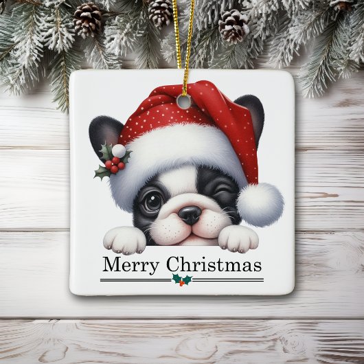 Santa Hat Winking French Bulldog Puppy Christmas セラミックオーナメント