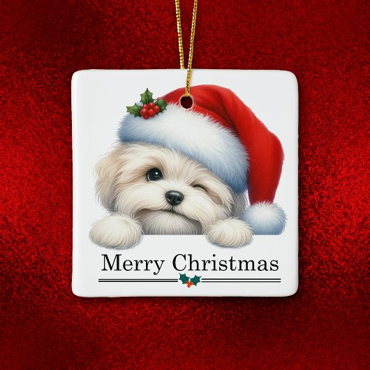 Santa Hat Winking Havanese Puppy Christmas セラミックオーナメント