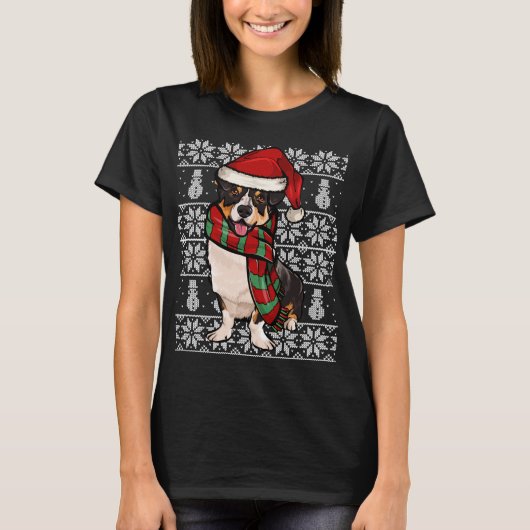 Santa Hat Xmas Cardigan Welsh Corgi Ugly Christmas Tシャツ (正面)