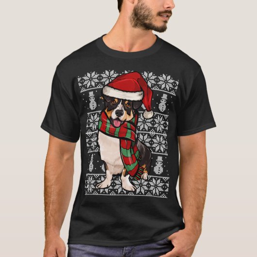 Santa Hat Xmas Cardigan Welsh Corgi Ugly Christmas Tシャツ (正面)