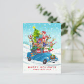 Santa & His Reindeerのおもちゃを車で届ける ポストカード (スタンド正面)