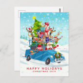 Santa & His Reindeerのおもちゃを車で届ける ポストカード (正面/裏面)