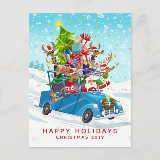 Santa & His Reindeerのおもちゃを車で届ける ポストカード (正面)