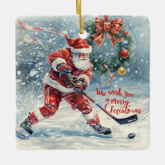 Santa Hockey Christmas Card  セラミックオーナメント (正面)