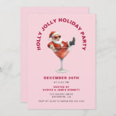 Santa Holly Jolly Christmas Party Pink & Red 招待状 (正面/裏面)