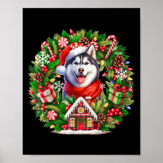Santa Husky Christmas Floral Circle Matching Owner ポスター (正面)