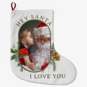 Santa I Love You Holly Pine Lozengeシェイプ写真 ラージクリスマスストッキング (正面)