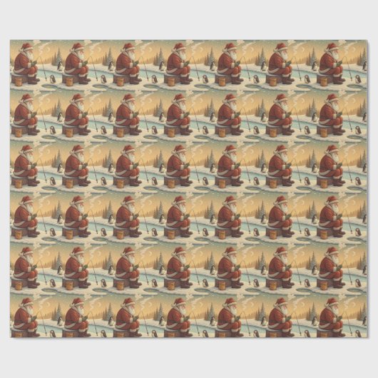 Santa Ice Fishing with Penguins Winter Scene ラッピングペーパー (フラット)