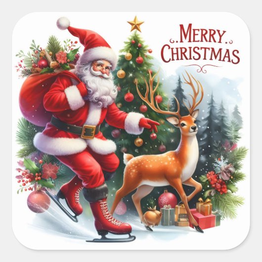 Santa Ice Skating With a Reindeer スクエアシール (正面)