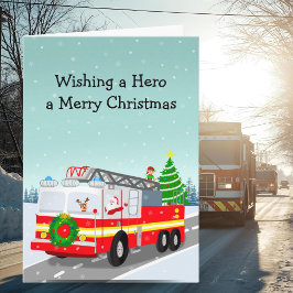 Santa in Firetruck Merry Christmas Hero カード