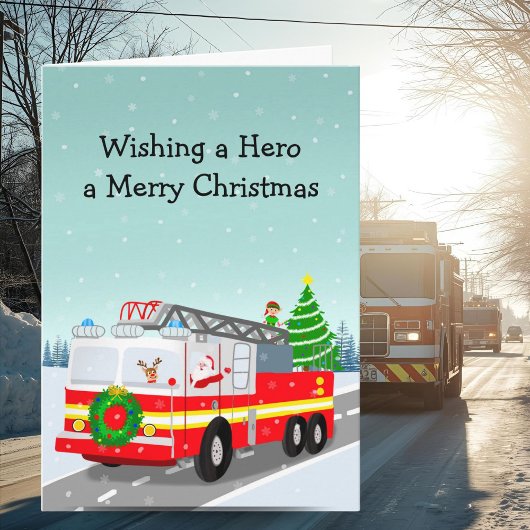 Santa in Firetruck Merry Christmas Hero カード