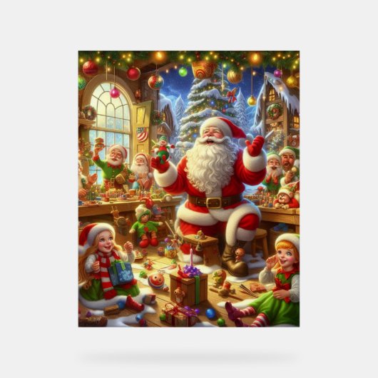 Santa in His Christmas Workshop With Toys Wall アクリルサイン (正面)