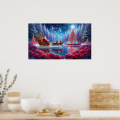 Santa in His Sleigh on Poinsettia Pond Wall Poster ポスター (キッチン)