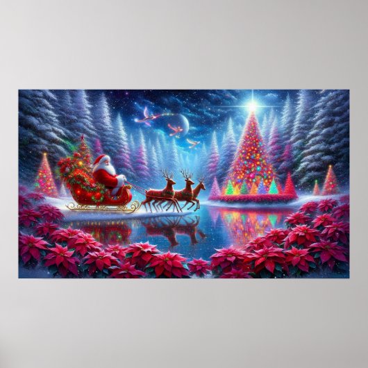 Santa in His Sleigh on Poinsettia Pond Wall Poster ポスター (正面)