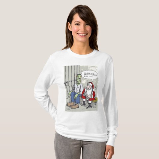 Santa In Jail女性白い長袖シャツ Tシャツ (正面フル)