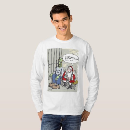 Santa In Jail白い長袖シャツ Tシャツ (正面フル)
