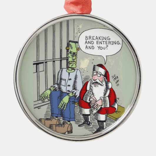 Santa In Jail round premium ornament メタルオーナメント (正面)