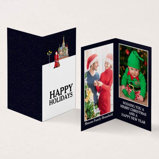 Santa In Moscow家族写真クリスマスカード 名刺 (内部&外部)