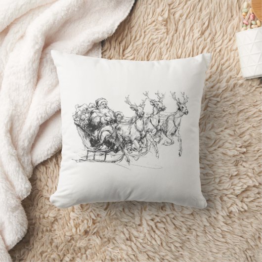 Santa in Sleigh – Minimal Christmas Sketch クッション (ブランケット)