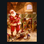 Santa in the Reindeer Barn ポスター<br><div class="desc">A beautiful vintage poster featuring Santa Claus and his elves in the reindeer barn feeding little kittens.</div>