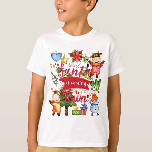 Santa Is Coming To Town - Cute Cows Holiday Party Tシャツ (正面)