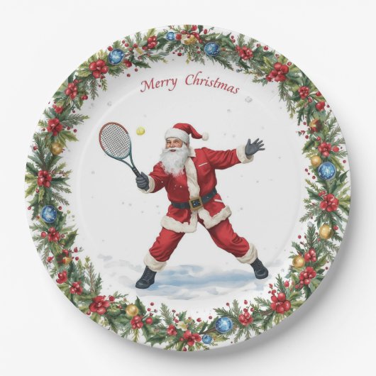 Santa is Playing Tennis Merry Christmas themed ペーパープレート (正面)