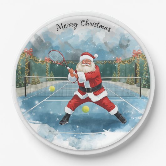 Santa is Playing Tennis Merry Christmas themed ペーパープレート (正面)