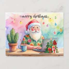 Santa is working on line for Christmas Holiday シーズンポストカード