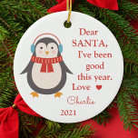 Santa I've Good Photo Christmas Penguin セラミックオーナメント<br><div class="desc">このサンタメッセージオーナメントは、かわいいフェスティバルペンギンデザインを備えている。名前、年、写真をバックにパーソナライズ。</div>