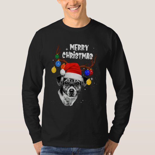 Santa Jack Russell Reindeer Light Christmas Tシャツ (正面)