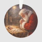 Santa Kneeling at the Manger Nativity オーナメント (正面)