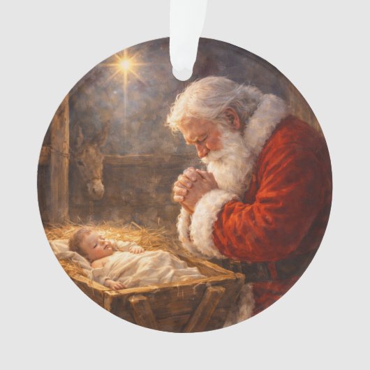 Santa Kneeling at the Manger Nativity オーナメント (正面)