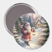 Santa Lantern Walk Winter Cottage Scene マグネット (正面/裏面)