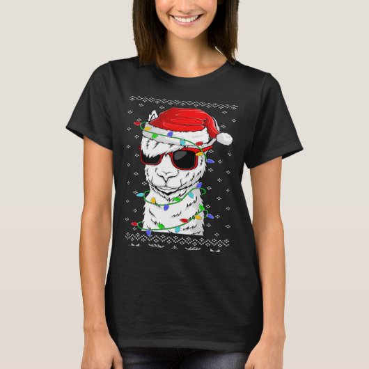 Santa Llama  Christmas Lights Ugly Llama Xmas Tシャツ (正面)