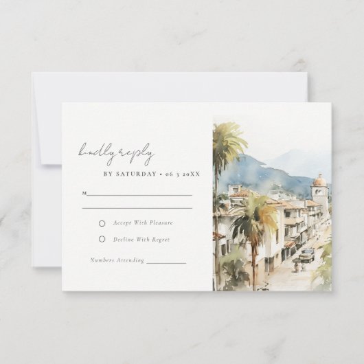Santa Marta Colombia Watercolor Landscape Wedding 出欠カード (正面)