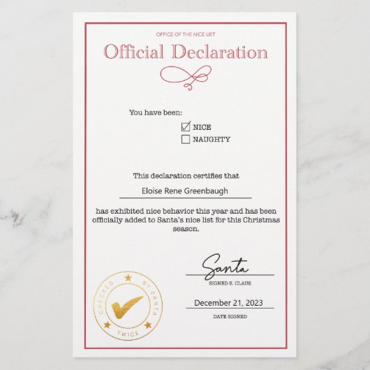 Santa Niceリスト宣言の編集可能 (正面)