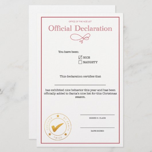 Santa Niceリスト宣言空白の (正面/裏面)