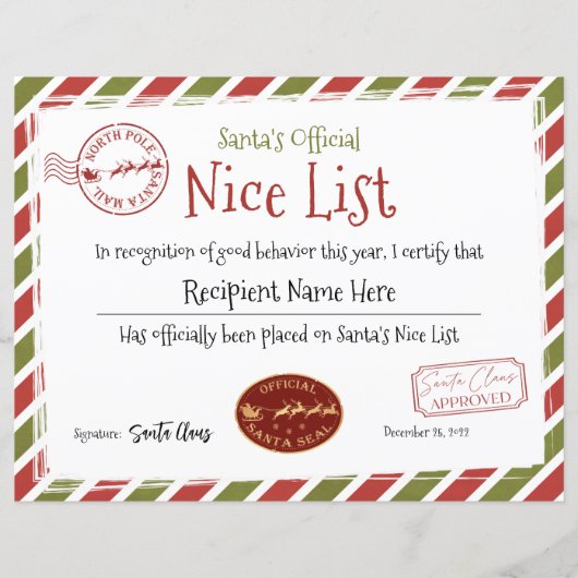 Santa Nice List証明書、Santa Claus Nice List (正面)