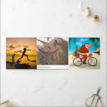 Santa on a bicycle in Tropics Holiday Photo 三つ折りカード<br><div class="desc">サーフボードとギフト付きの自転車に乗って外のカバーに4枚のフォトパネルを付けカスタム、中央にメッセージと背景の色を付ける。オリジナルイラストレーションバイベッキーニモイ</div>