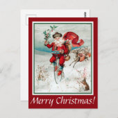 Santa on Bicycle with Rabbitとトナカイ葉書 ポストカード (正面/裏面)