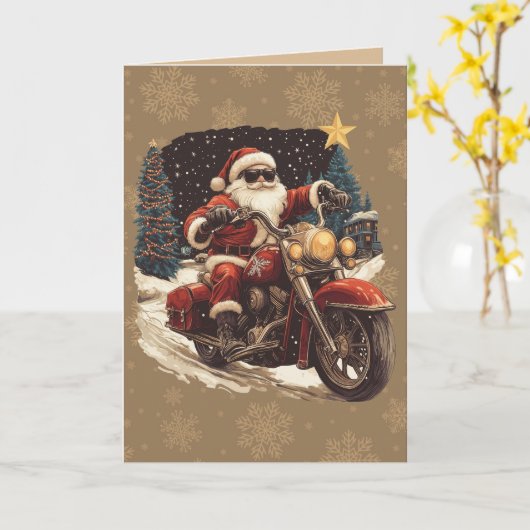 Santa on Motorcycle christmas card カード (黄色い花)