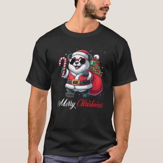 Santa Panda Sunglasses Candy Cane Merry Christmas Tシャツ (正面)