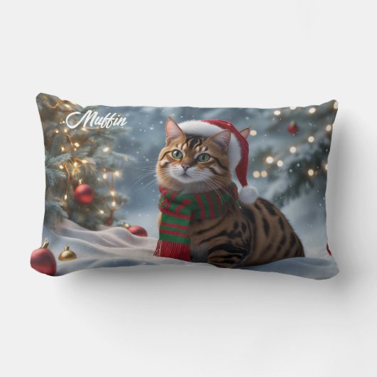 Santa Paws Bengal Cat Christmas Personalized  ランバークッション (正面)