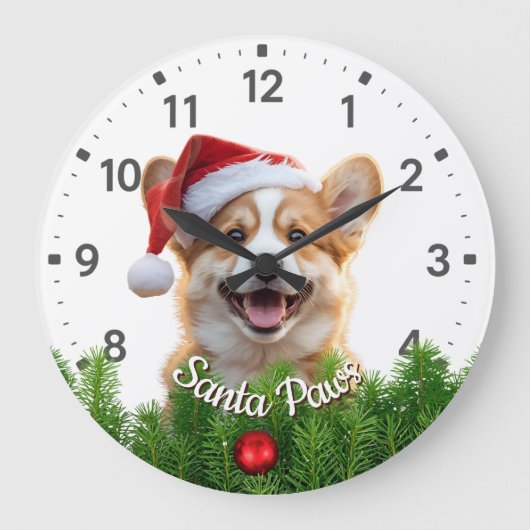 Santa Paws Corgi with Christmas Garland ラージ壁時計 (正面)