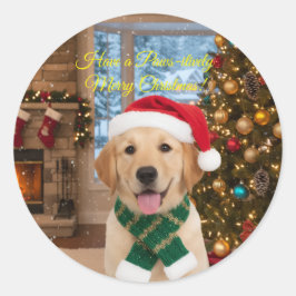 Santa Paws Cute Golden Retriever Christmas Holiday ラウンドシール