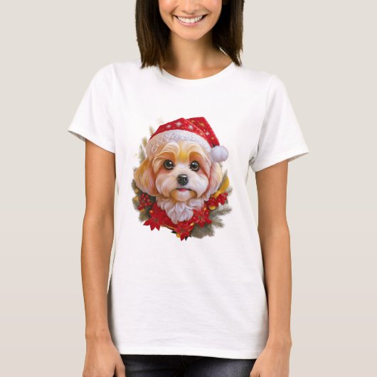 Santa Paws Delight" – Holiday Pup in Red Hat Tシャツ (正面)