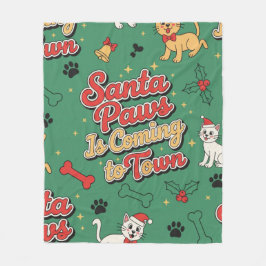 Santa Paws Is Coming to Town Retro Dog Cat Xmas フリースブランケット