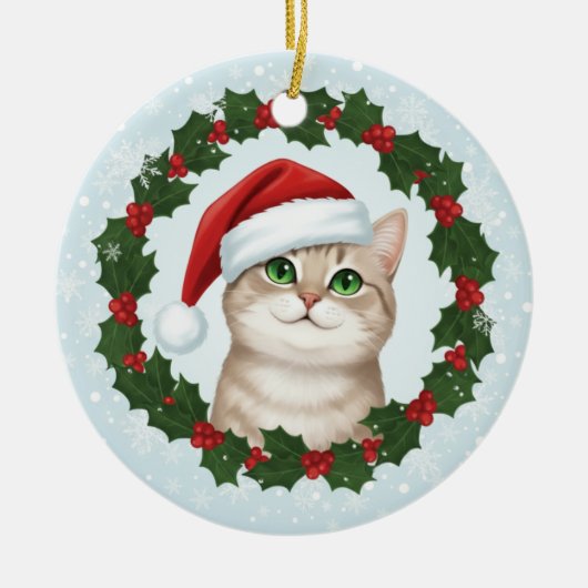 Santa Paws Smiling Cat Christmas Ornament  セラミックオーナメント (正面)